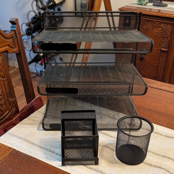Black Mesh Desk Organizer Set -3 Tier In/Out Basket/Pencil Cup/ 3 Slot Organizer - Picture 8 of 9